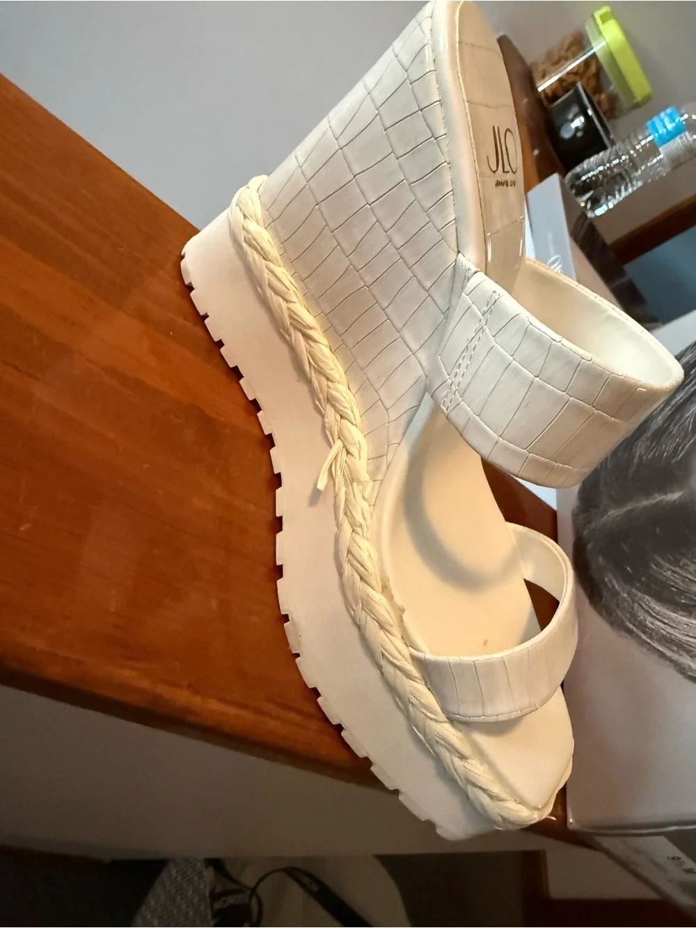 Jennifer Lopez Cream Croc-Embossed Platform Wedge Sandals